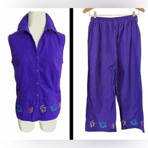 Vintage 80’s Miss Dorby Purple‎ 2 pc Sleeveless Shirt & Capris Fish/ Crab  Sz 8p